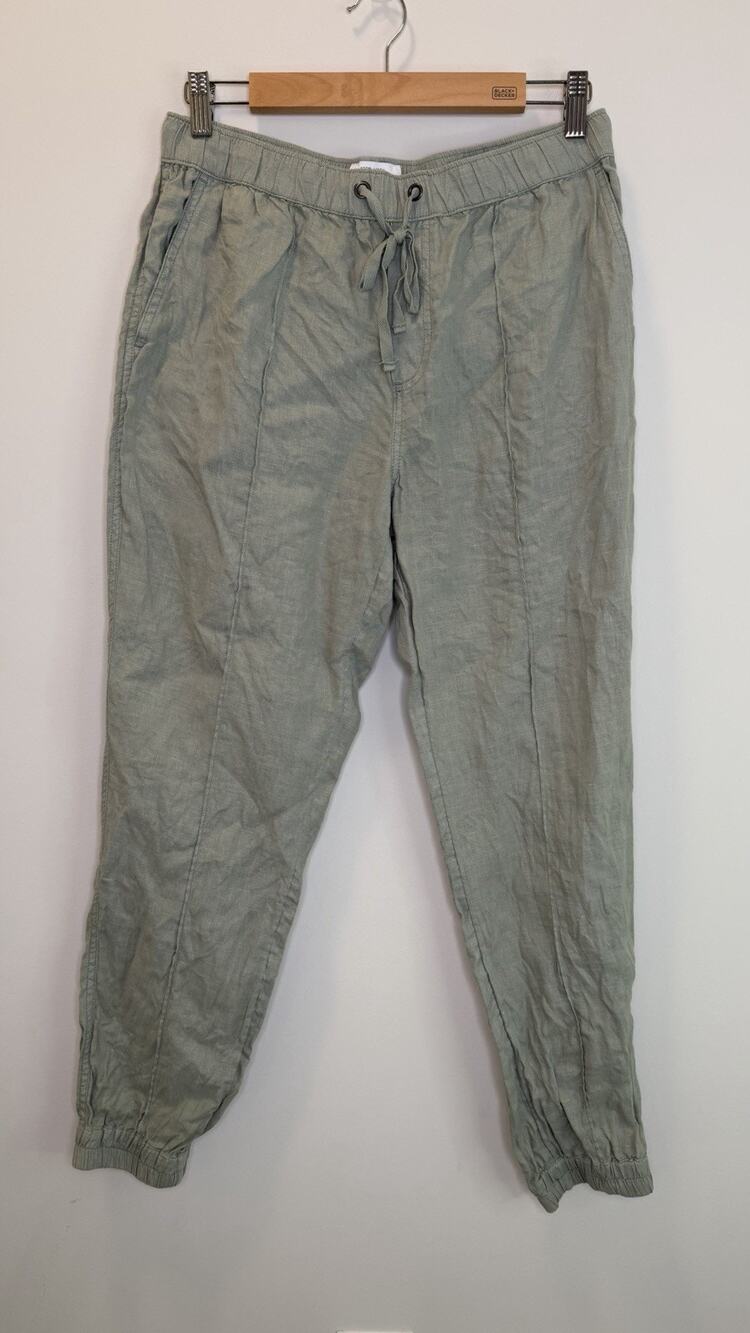 H by Halston 100% Linen Jogger Pants Green Pockets Drawstring Casual Medium